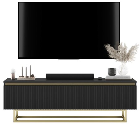 Nowoczesna Szafka RTV Glamour Komoda RTV Czarny Mat 140 cm złote akcenty