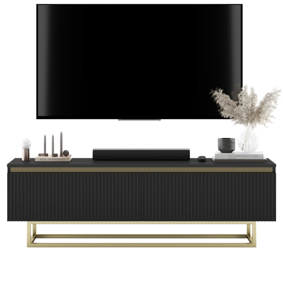 Nowoczesna Szafka RTV Glamour Komoda RTV Czarny Mat 140 cm złote akcenty