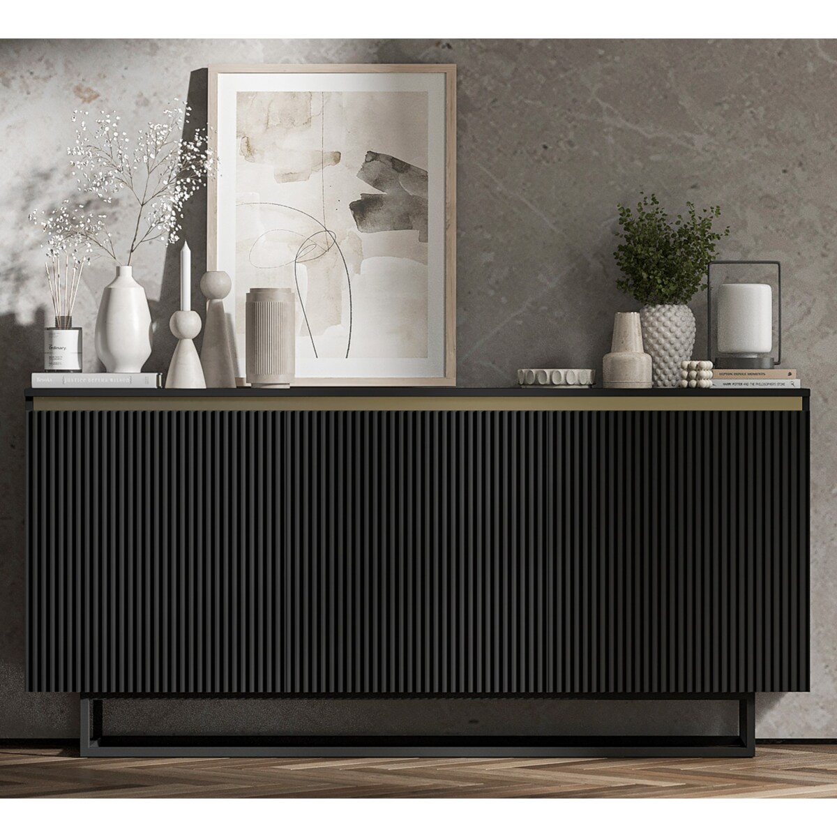 Komoda Glamour Szafka RTV Czarny MAT ryflowane fronty czarny stelaż 166,8 cm
