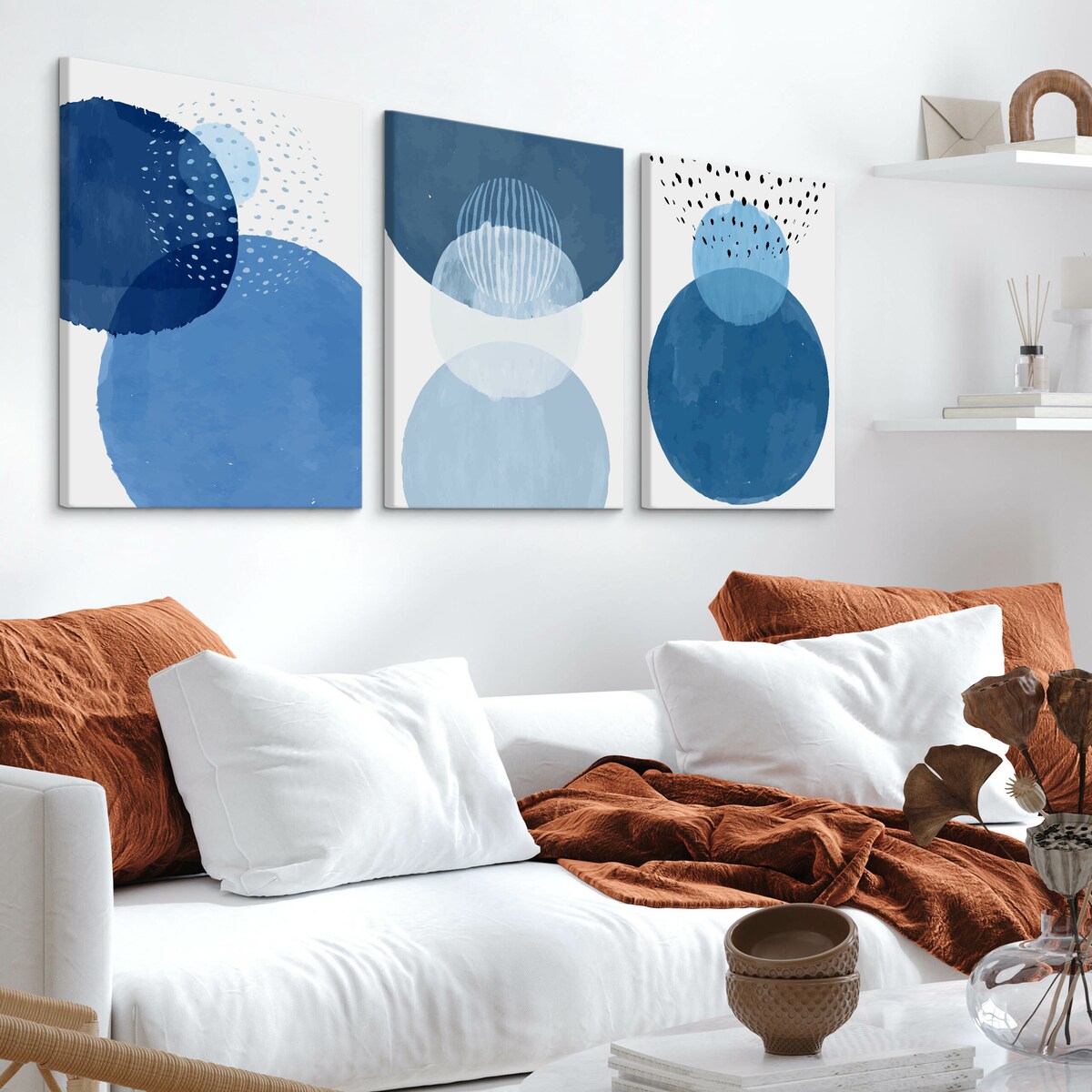 OBRAZY NA PŁÓTNIE SET AKWARELOWE NIEBIESKIE KOŁA ABSTRAKCJA 90x40cm