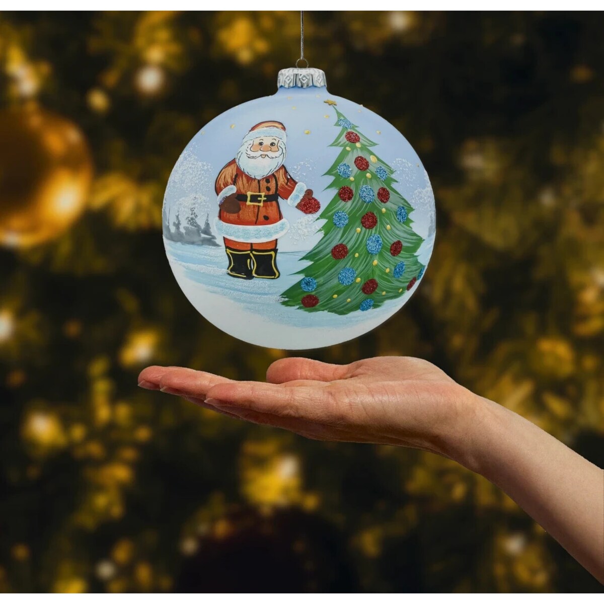 Bombka okrągła: Mikołaj z choinką