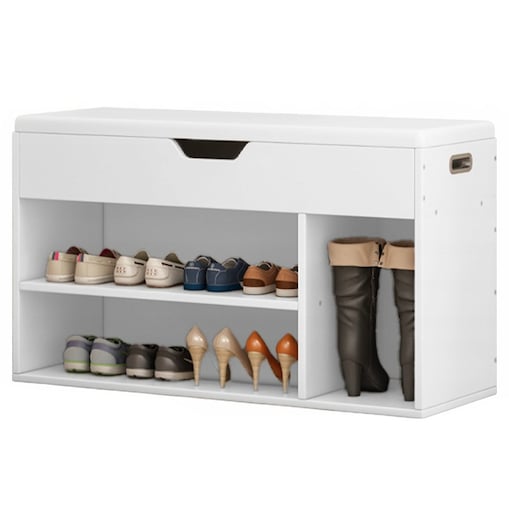 Szafka na buty z siedziskiem drewniana schowek 3 półki otwierana biała 80cm