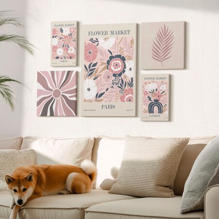 Zestaw 5 obrazów na płótnie - Kwiatowe rynki styl boho - różowy
