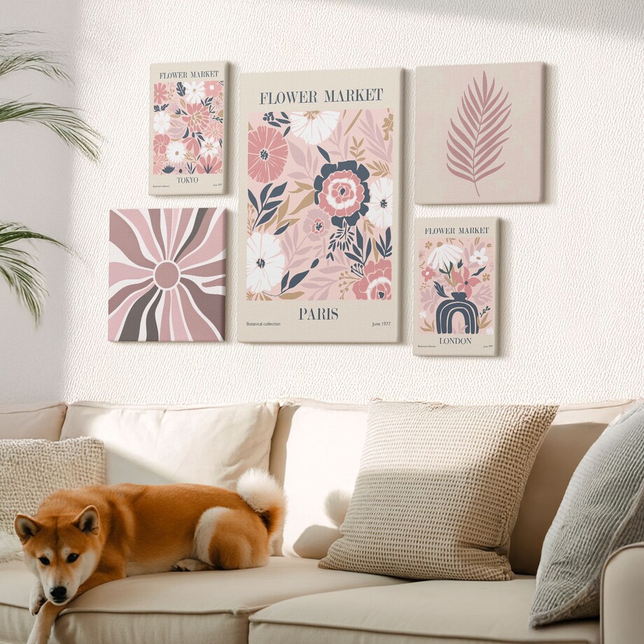 Zestaw 5 obrazów na płótnie - Kwiatowe rynki styl boho - różowy