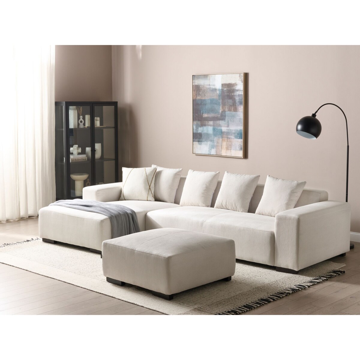 Narożnik prawostronny z otomaną sztruksowy złamana biel LUNGO