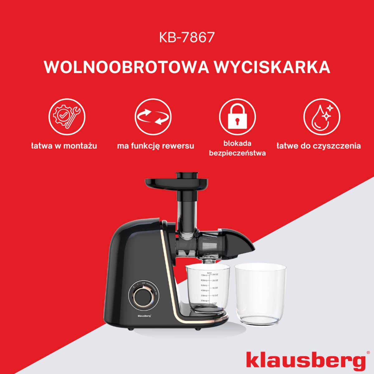 Sokowirówka wolnoobrotowa 150W do owoców i warzyw COLD PRESS KLAUSBERG KB-7867