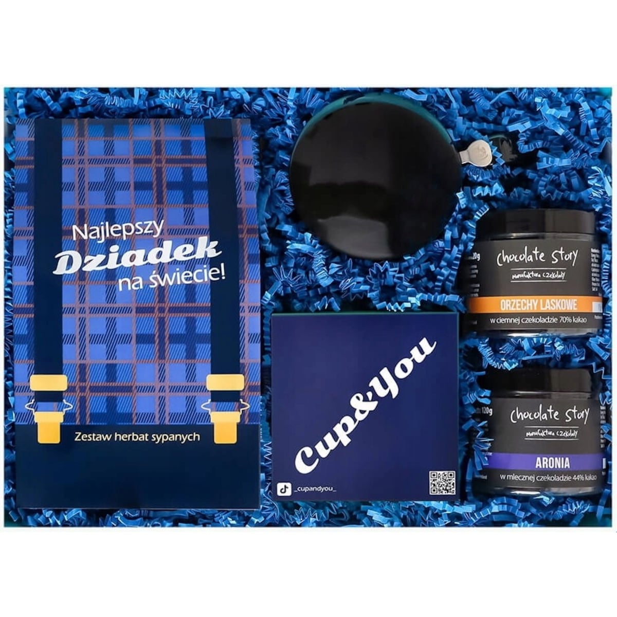 ZESTAW PREZENTOWY UPOMINKOWY BOX PREMIUM NA DZIEŃ DZIADKA HERBATY KAWA KUBEK Z ZAPARZACZEM I POKRYWKĄ CZEKOLADOWE PRZEKĄSKI PREZENT UPOMINEK