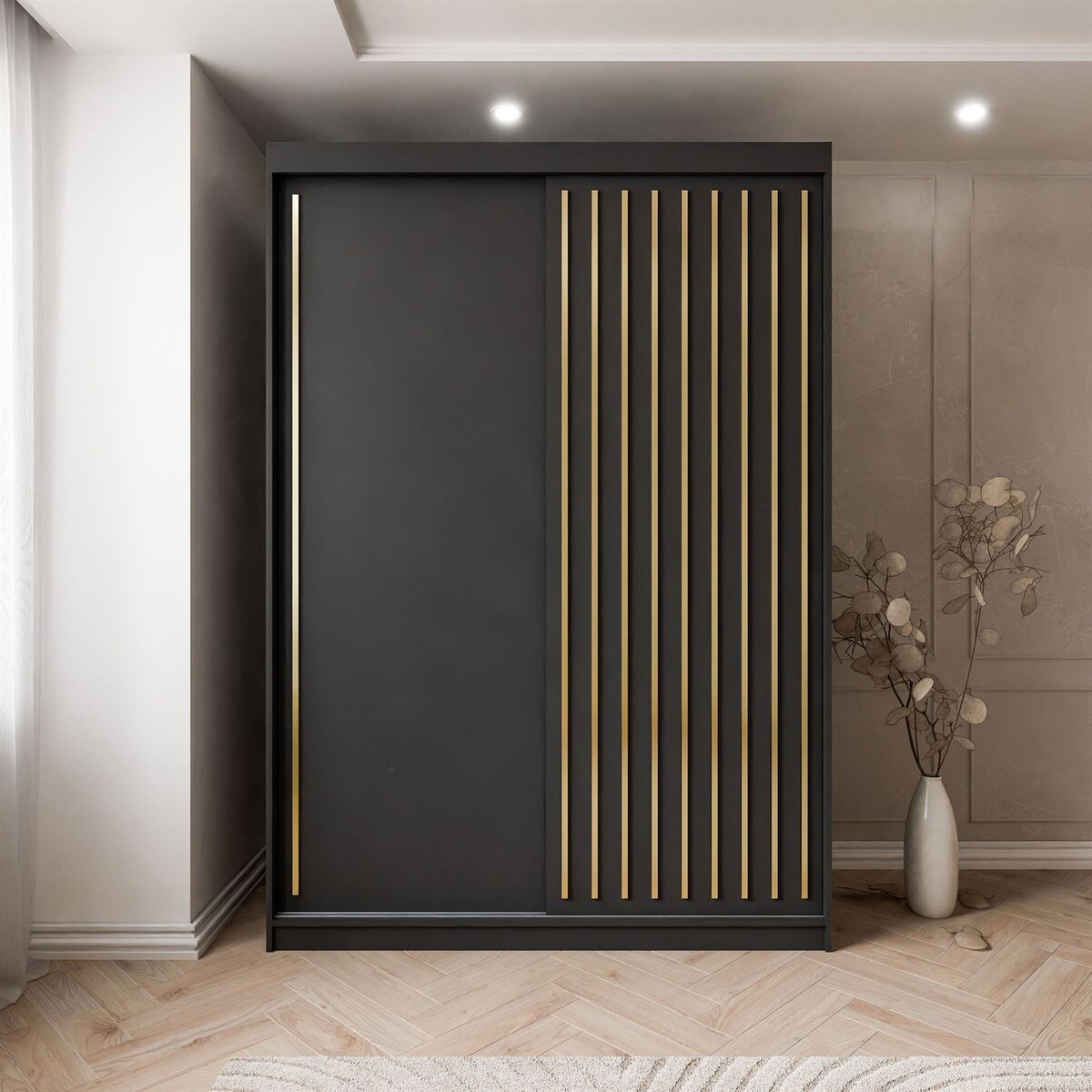 Szafa przesuwna AURIS 150 cm ze złotymi listwami, czarna