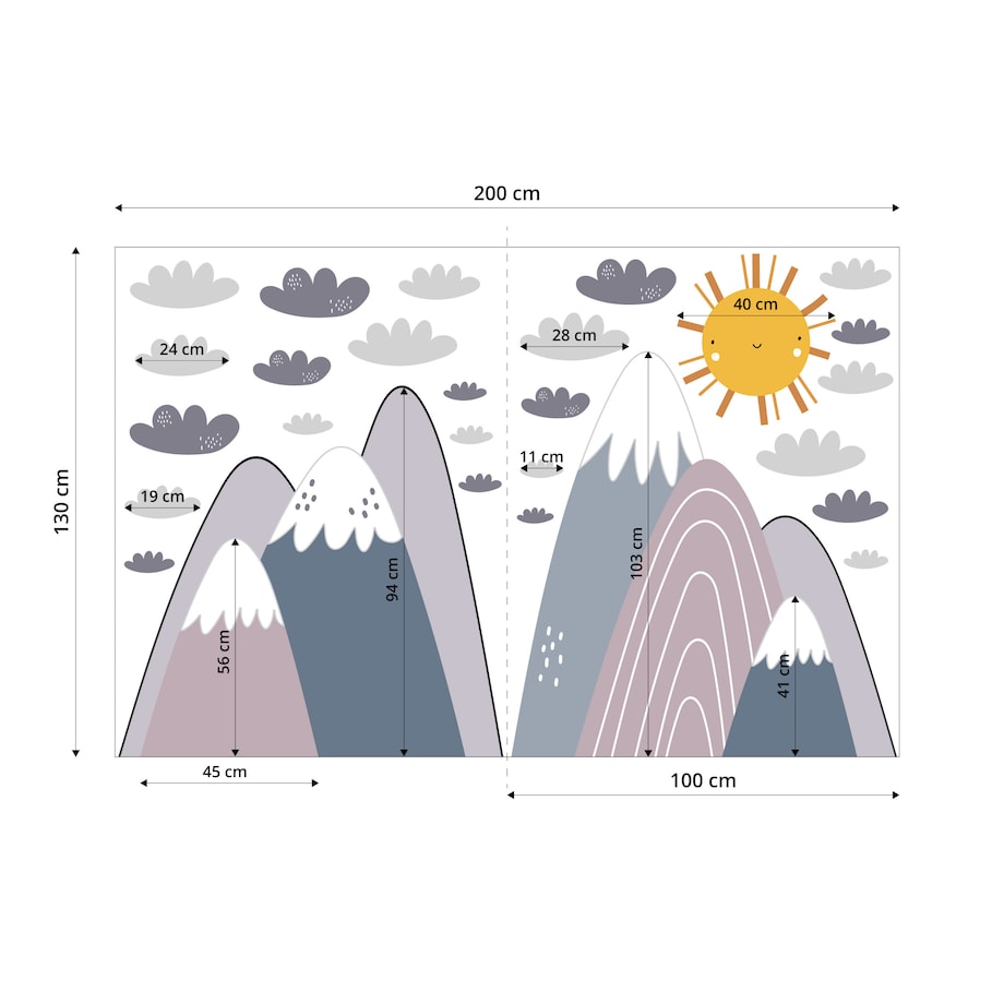 NAKLEJKI NA ŚCIANĘ DLA DZIECI FIOLETOWE GÓRY STYL SKANDYNAWSKI ZESTAW