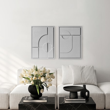 Zestaw 2 Obrazy 3D 35x50cm Geometric – Dekoracje ścienne z Tynku Naturalnego, Milky Grey, Minimalistyczne Reliefy