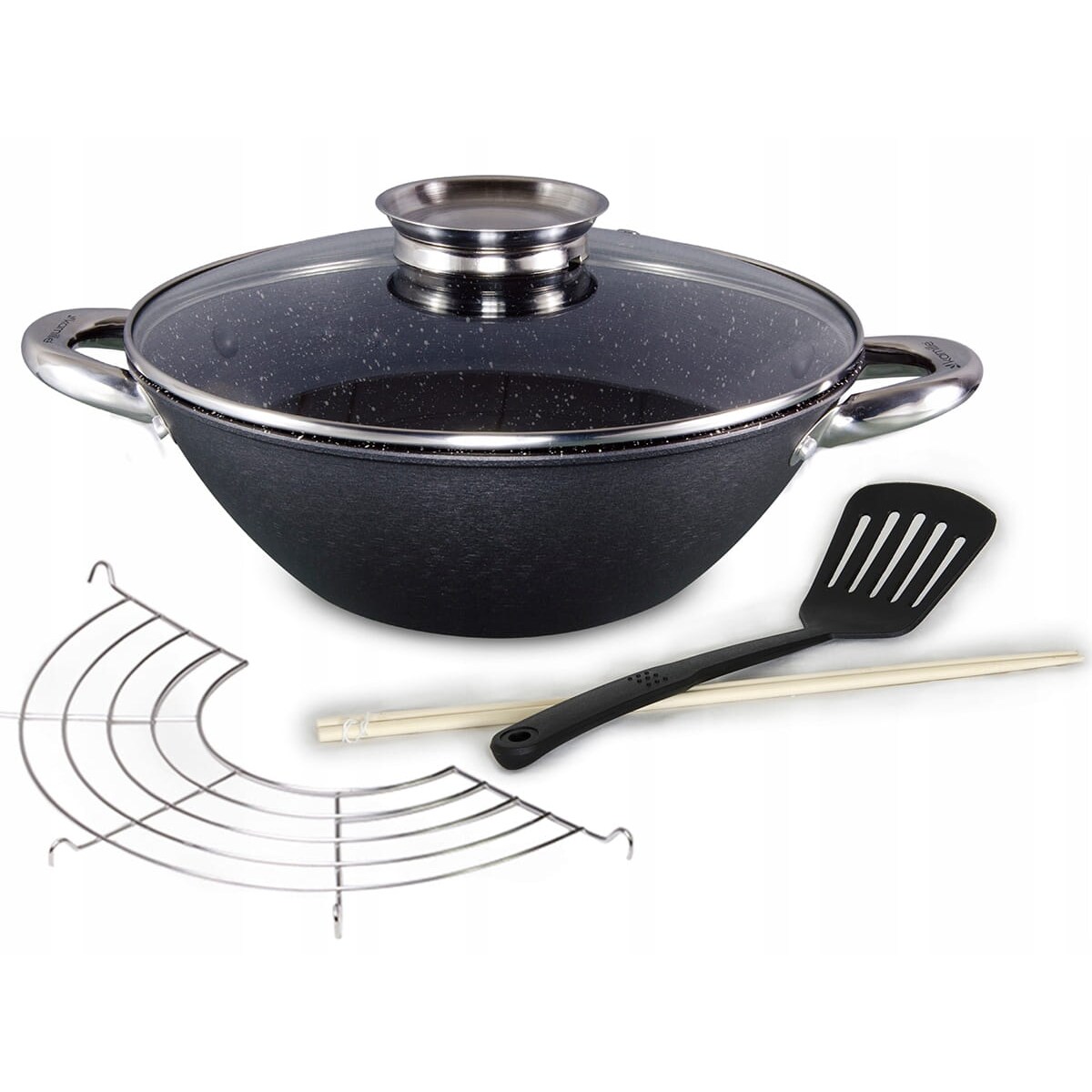 Wok patelnia żeliwna z powłoką marmurkową 28cm + akcesoria KAMILLE