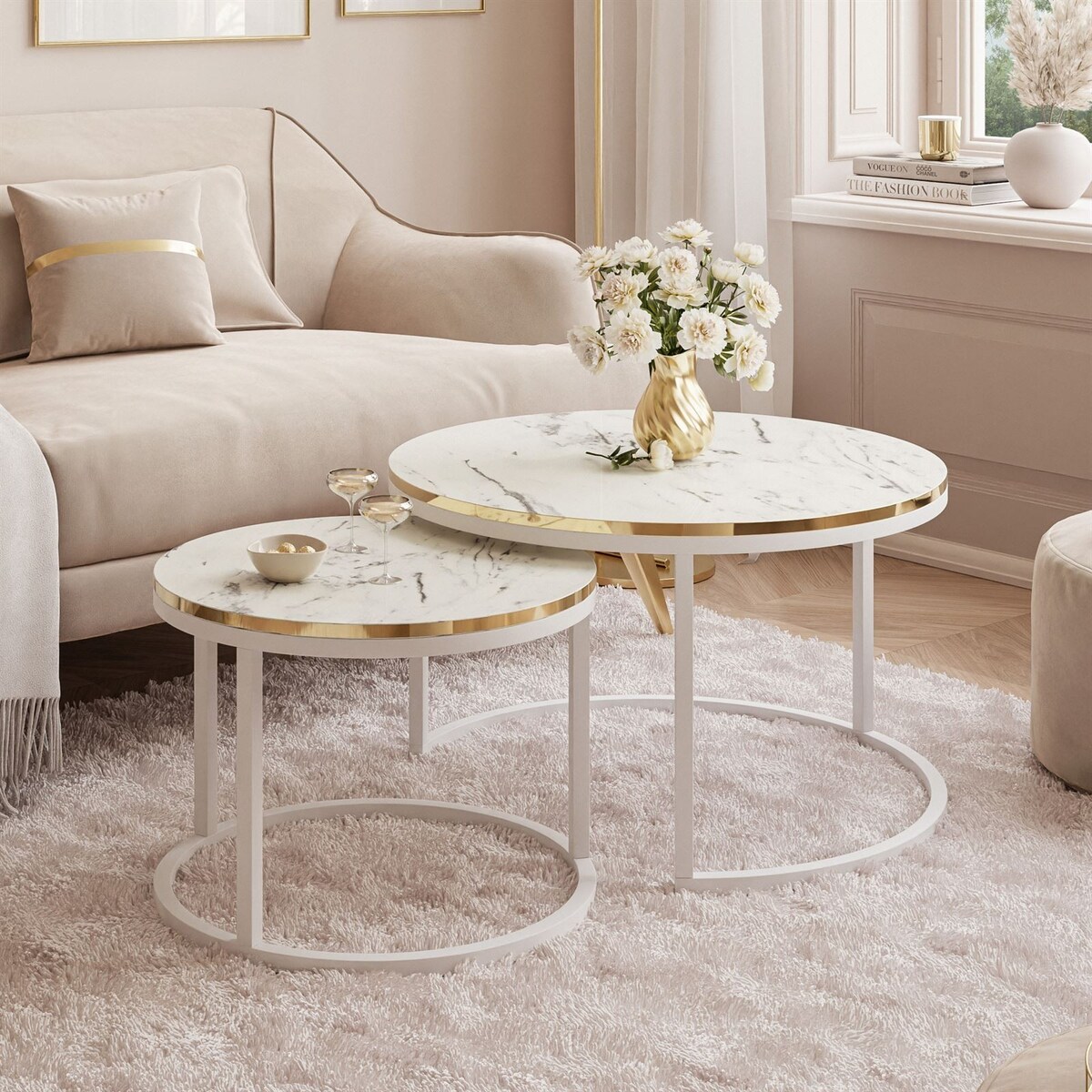 Okrągły stolik kawowy SOLEIL 2w1 biały marmur carrara