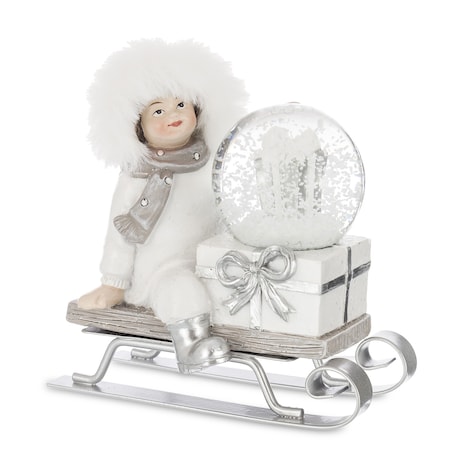 Dekoracja - dziecko na sankach ze szklaną kulą 10,5x10,5x6,5 cm