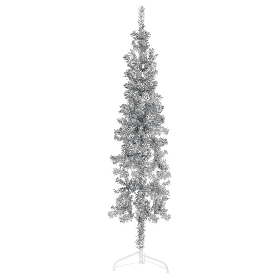 vidaXL Smukła choinka połówka ze stojakiem, sztuczna, srebrna, 120 cm