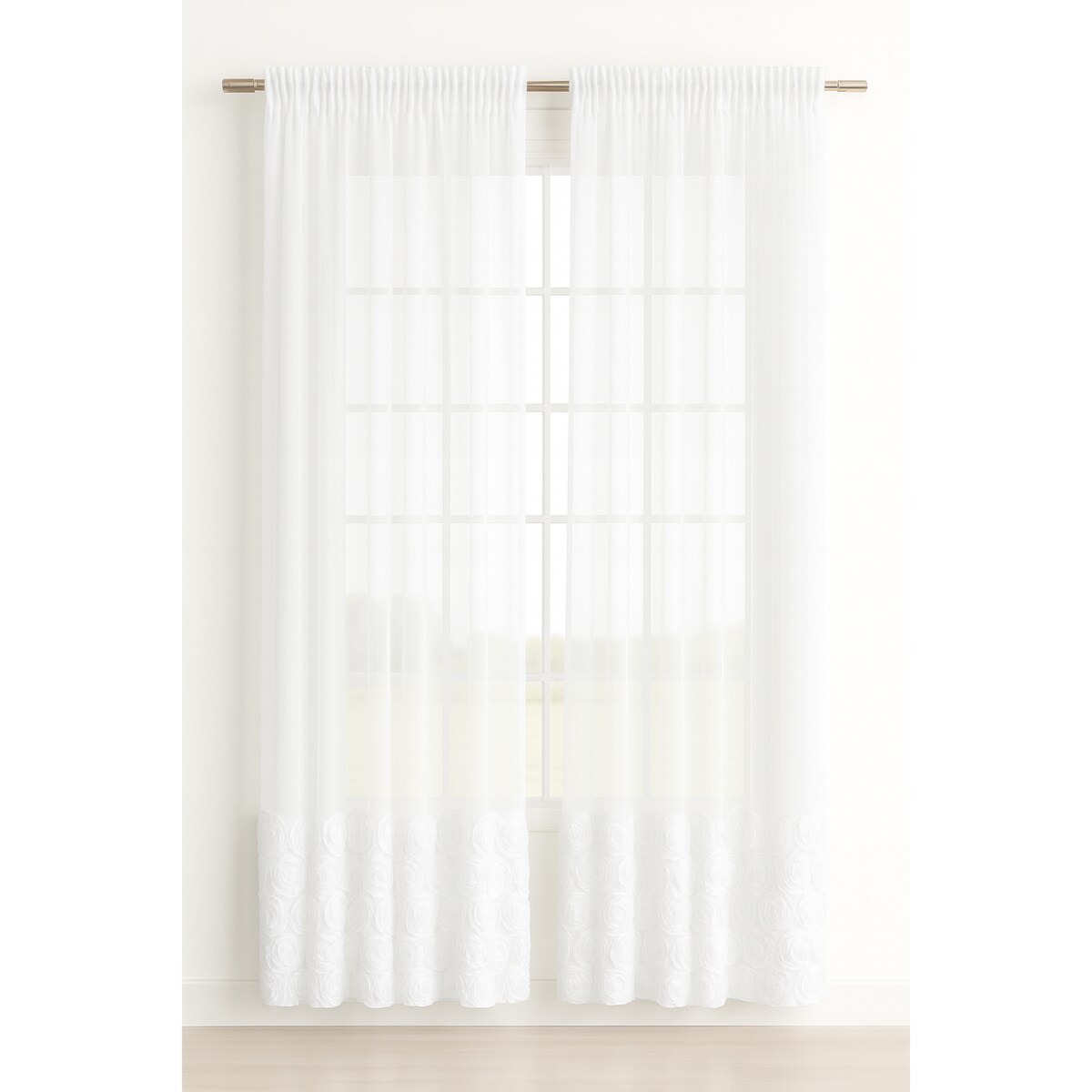 firana z szyfonu "roses" wyszywane róże | taśma 400x150 cm biała | zdobiona aplikacją 3D w róże