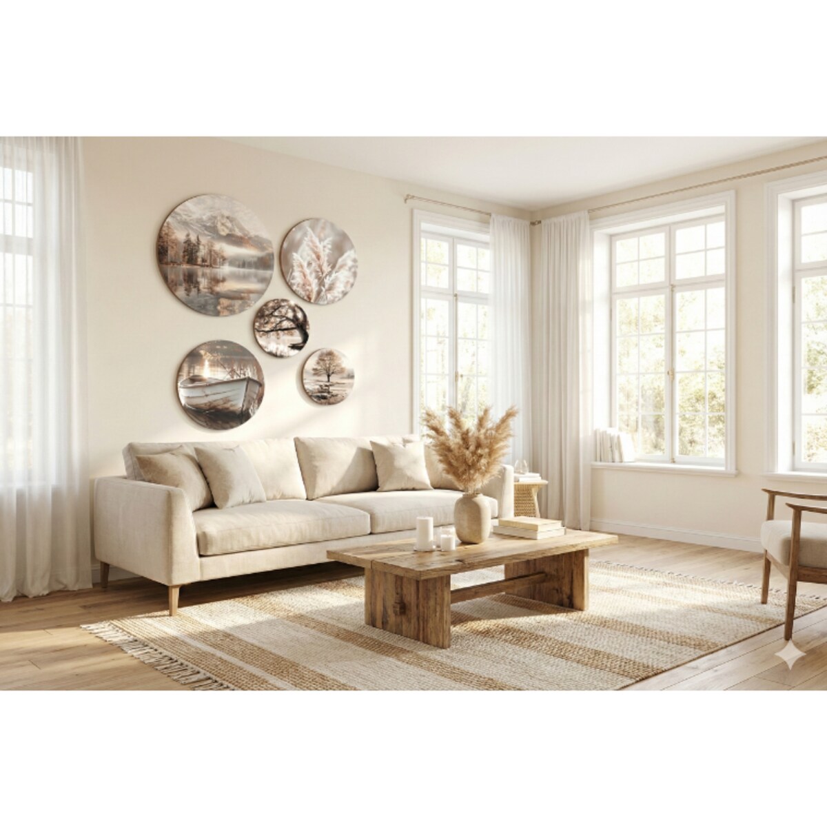 Obrazy Okrągłe na ścianę Beżowy Zestaw do pokoju salonu sypialni Boho