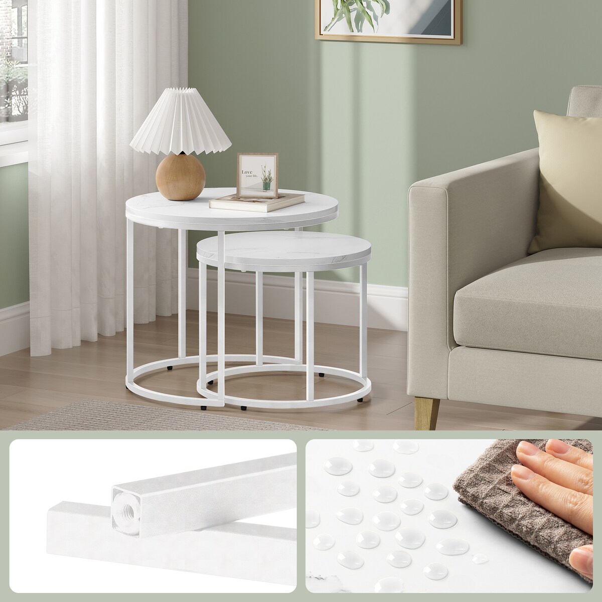 Stolik Kawowy Okrągły elegancki idealny do salonu 2 Sztuki - Marmur / Nogi Białe