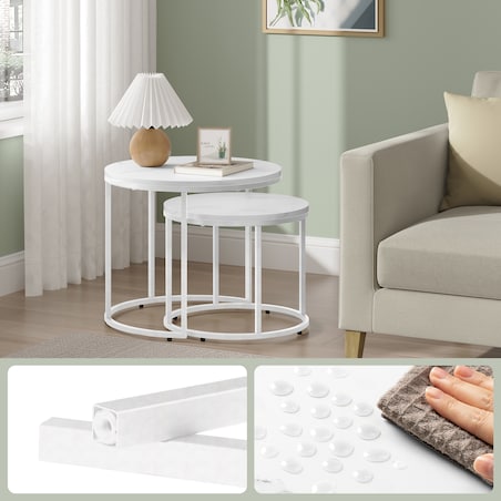 Stolik Kawowy Okrągły elegancki idealny do salonu 2 Sztuki - Marmur / Nogi Białe