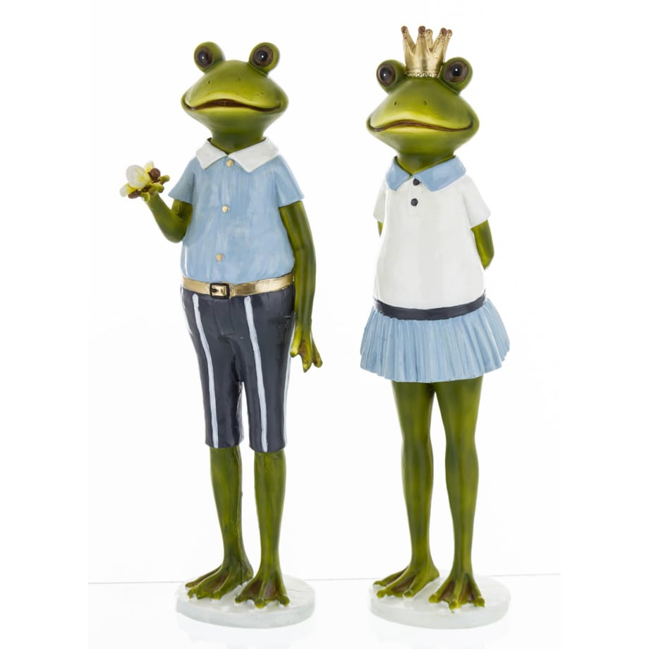 Dekoracja - Królowa żaba z małżonkiem 28x7,5x7 i 27,5x7,5x6 cm niebieska spódniczka