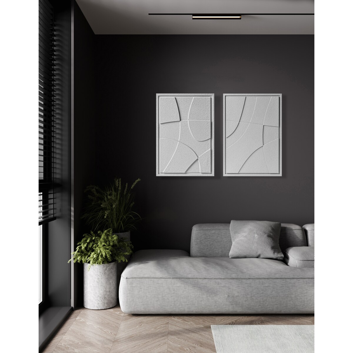 Zestaw 2 Obrazy 3D 50x70cm Abstract – Dekoracje ścienne z Tynku Naturalnego, Milky Grey, Minimalistyczne Reliefy
