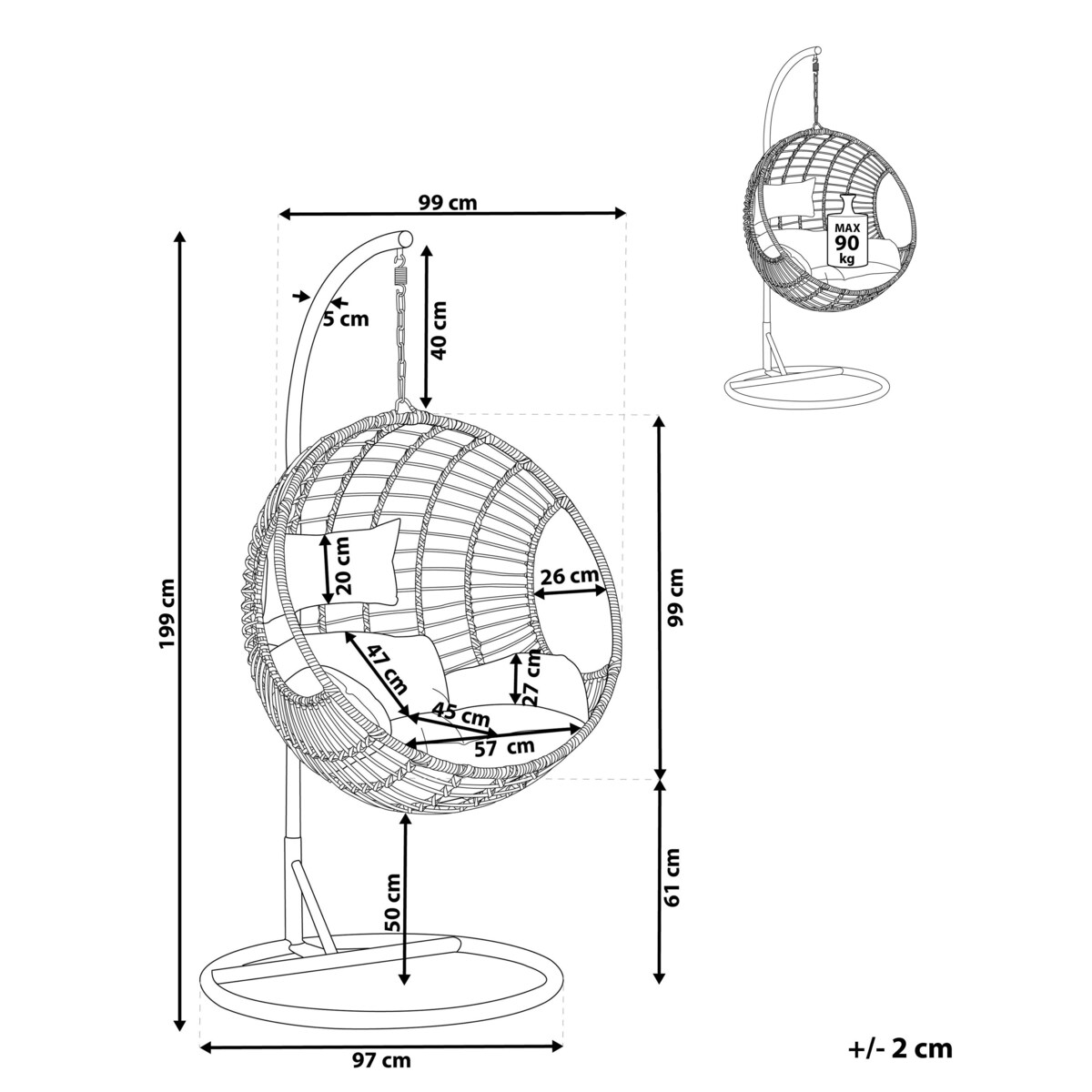 Fotel wiszący ze stojakiem ASPIO Technorattan Czarny