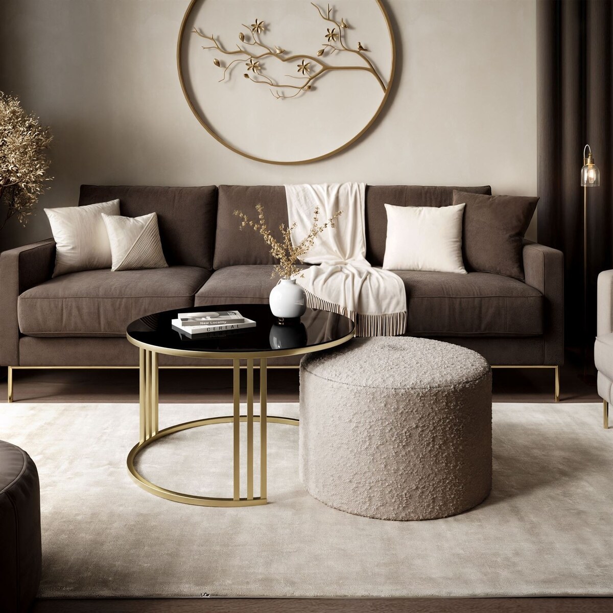 Stolik kawowy z pufą LORI GLASS złoto szczotkowane, czarne szkło / Coral 50