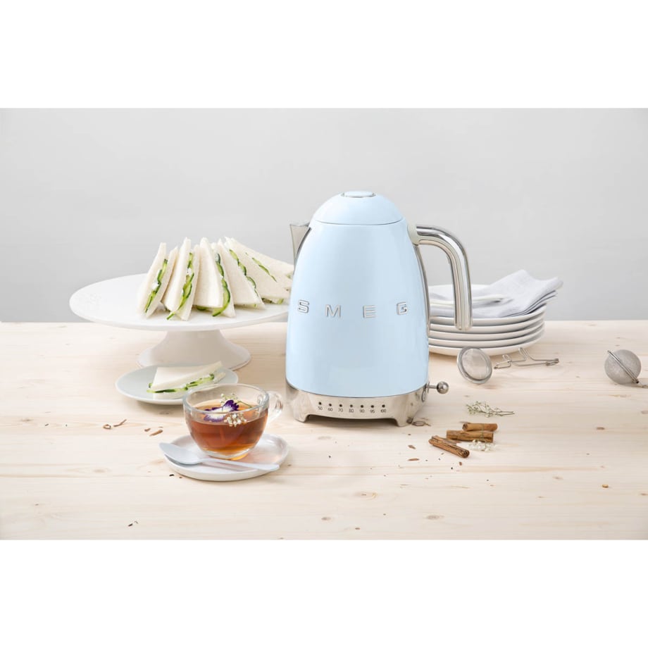Czajnik elektryczny z regulacją temperatury pastelowy błękit 50's Style, 1700 ml, SMEG