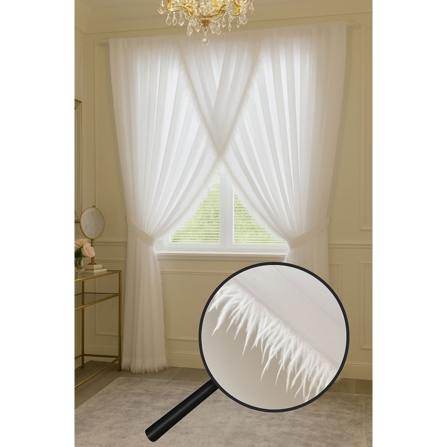 firana zakładana na tasmie "noel" z piórkami 400x270 | biała