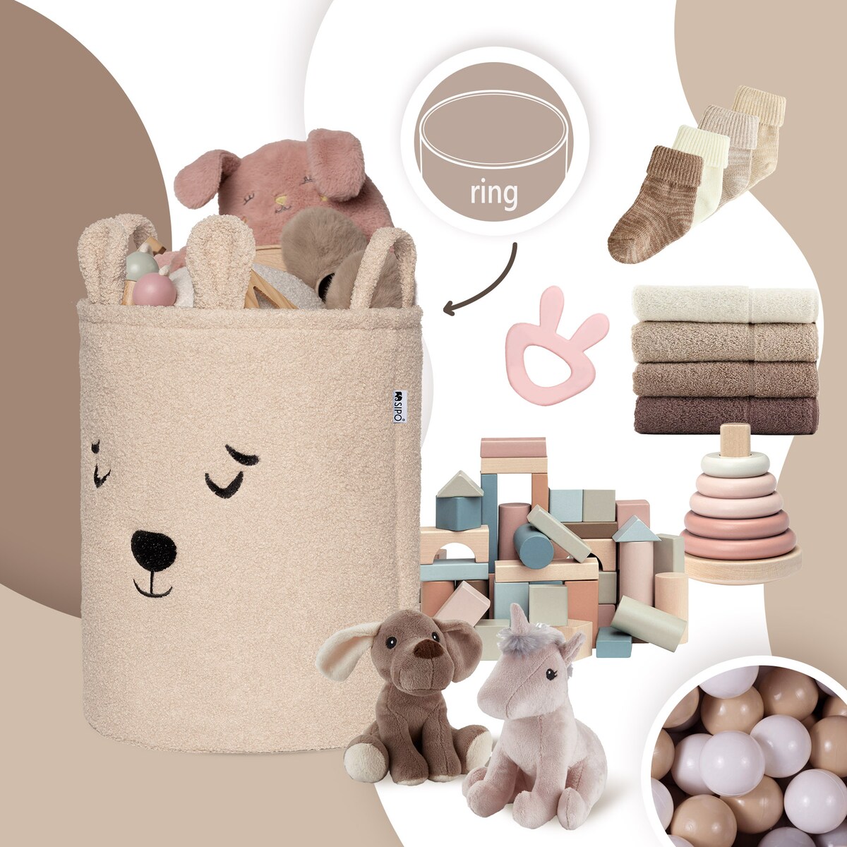kosz na zabawki sipo, wersja premium boucle, zamykany na ściągacz, beżowy miś, xl