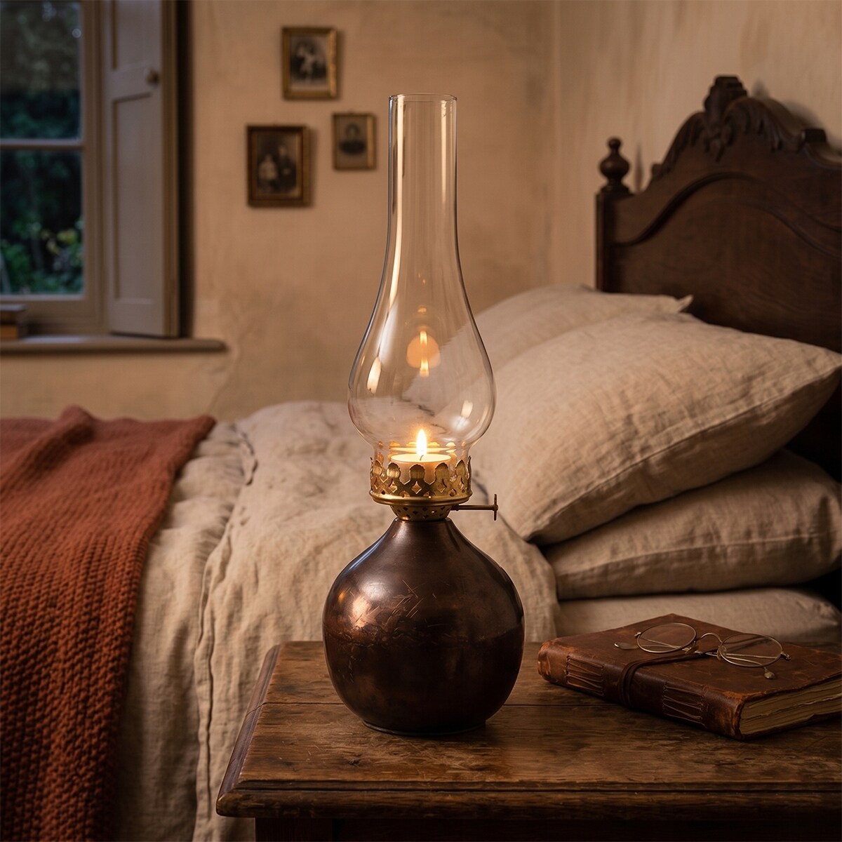 ŚWIECZNIK TEALIGHT LAMPA NAFTOWA SZKLANY 35cm LAMPION IMITACJA LOFT BRĄZOWY