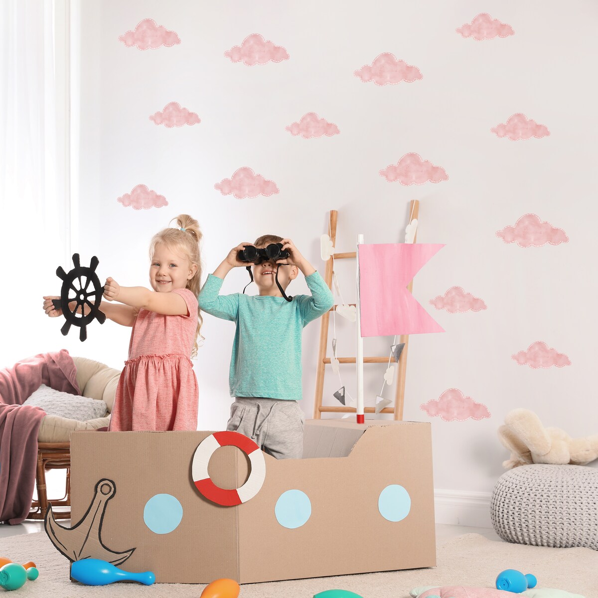 Naklejki Na Ścianę Dla Dzieci Różowe Chmury Pastelowe Chmurki Boho Zestaw 120x60cm