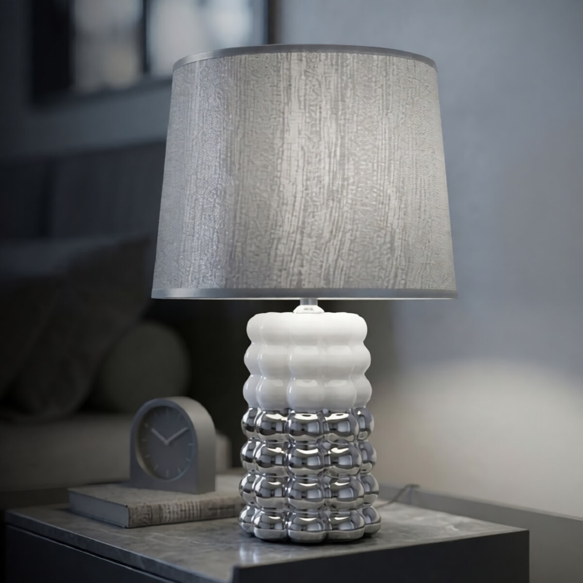 Lampa stołowa Lace, kolor biały i srebrny, ceramika, żelazo i tkanina, 23 x 23 x 33 cm, 1 x E14, do salonu i sypialni, Mauro Ferretti