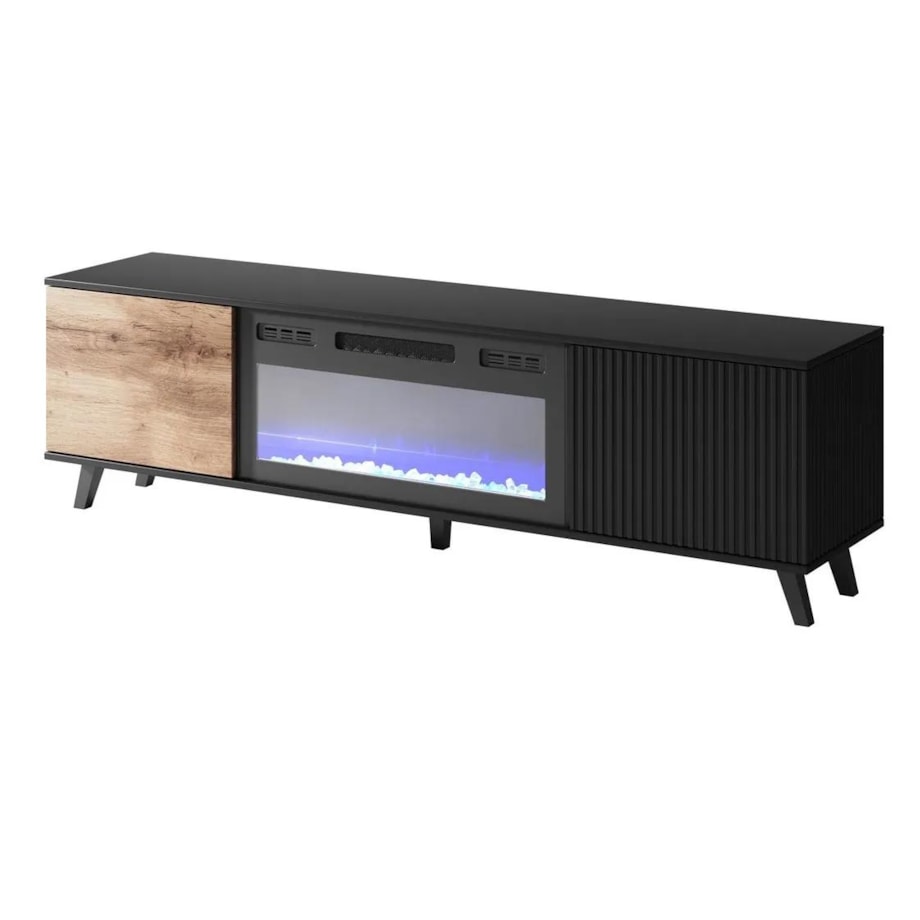 Szafka RTV RANDOM 180cm dąb wotan/czarna z kominkiem elektrycznym