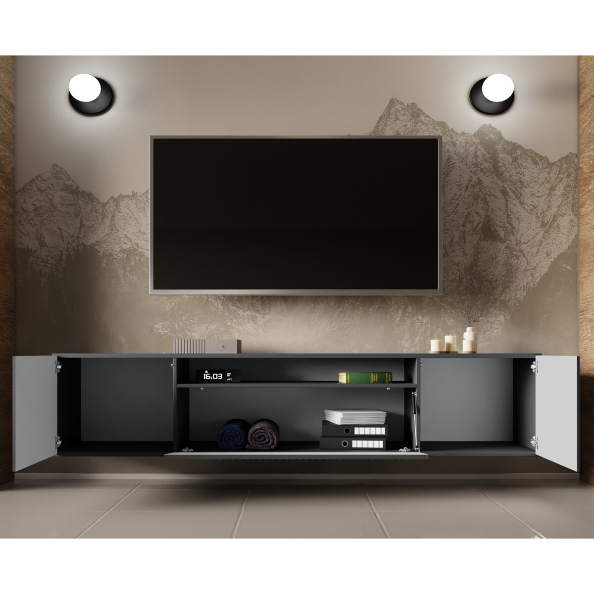 Szafka RTV NOELI, wisząca z ryflowanymi frontami pod telewizor- grafitowa