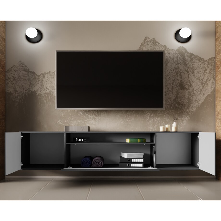 Szafka RTV NOELI, wisząca z ryflowanymi frontami pod telewizor- grafitowa