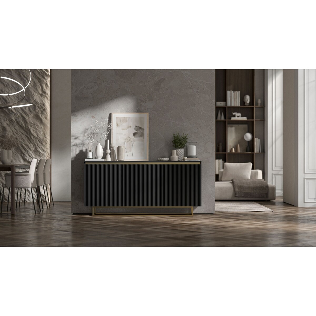 Komoda Glamour Szafka RTV Czarny MAT ryflowane fronty złote akcenty 166,8 cm