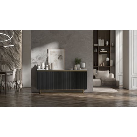 Komoda Glamour Szafka RTV Czarny MAT ryflowane fronty złote akcenty 166,8 cm