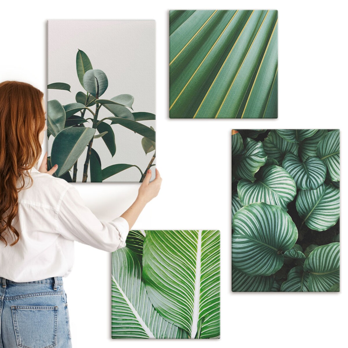 Zestaw 4 obrazów na płótnie - Liście tropikalne w zieleni - zielony