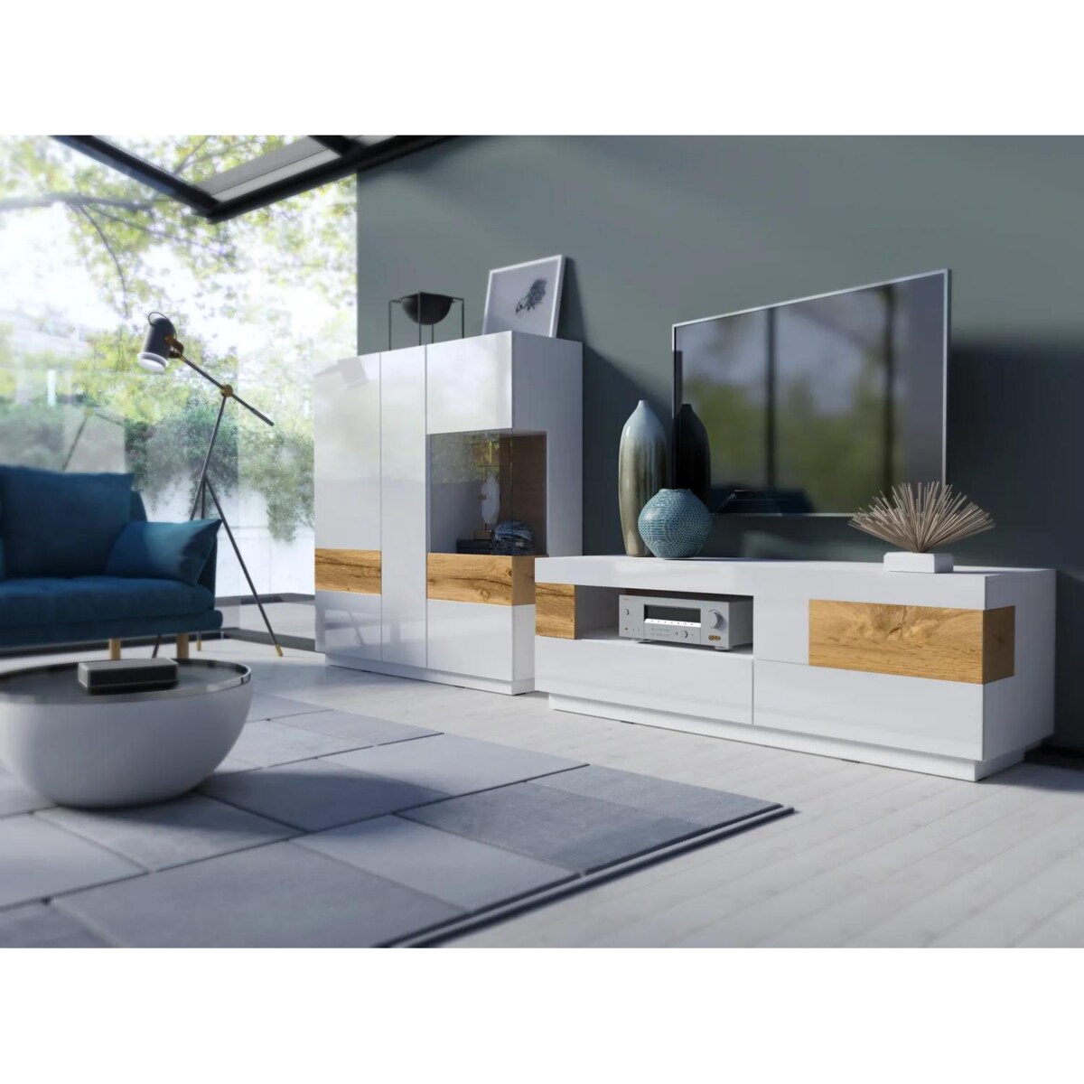 Witryna niska SILKE 3D 130cm biały połysk/dąb wotan