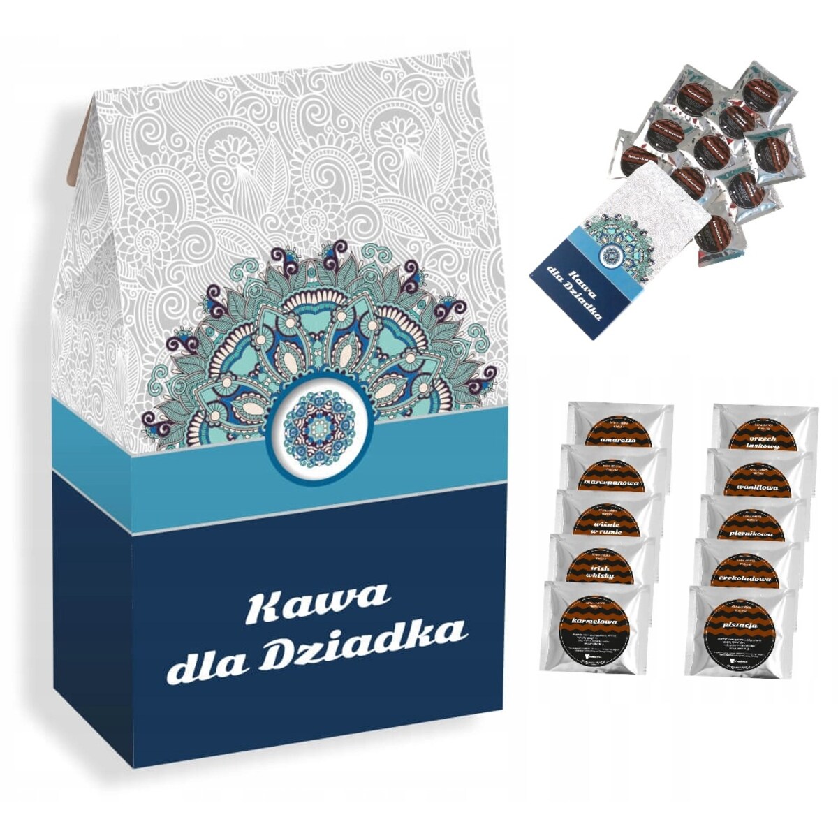 Zestaw 10 różnych kaw smakowych KAWA DLA DZIADKA - box prezentowy upominkowy z kawami deserowymi premium prezent upominek na Dzień Dziadka 60 70 80 90 urodziny