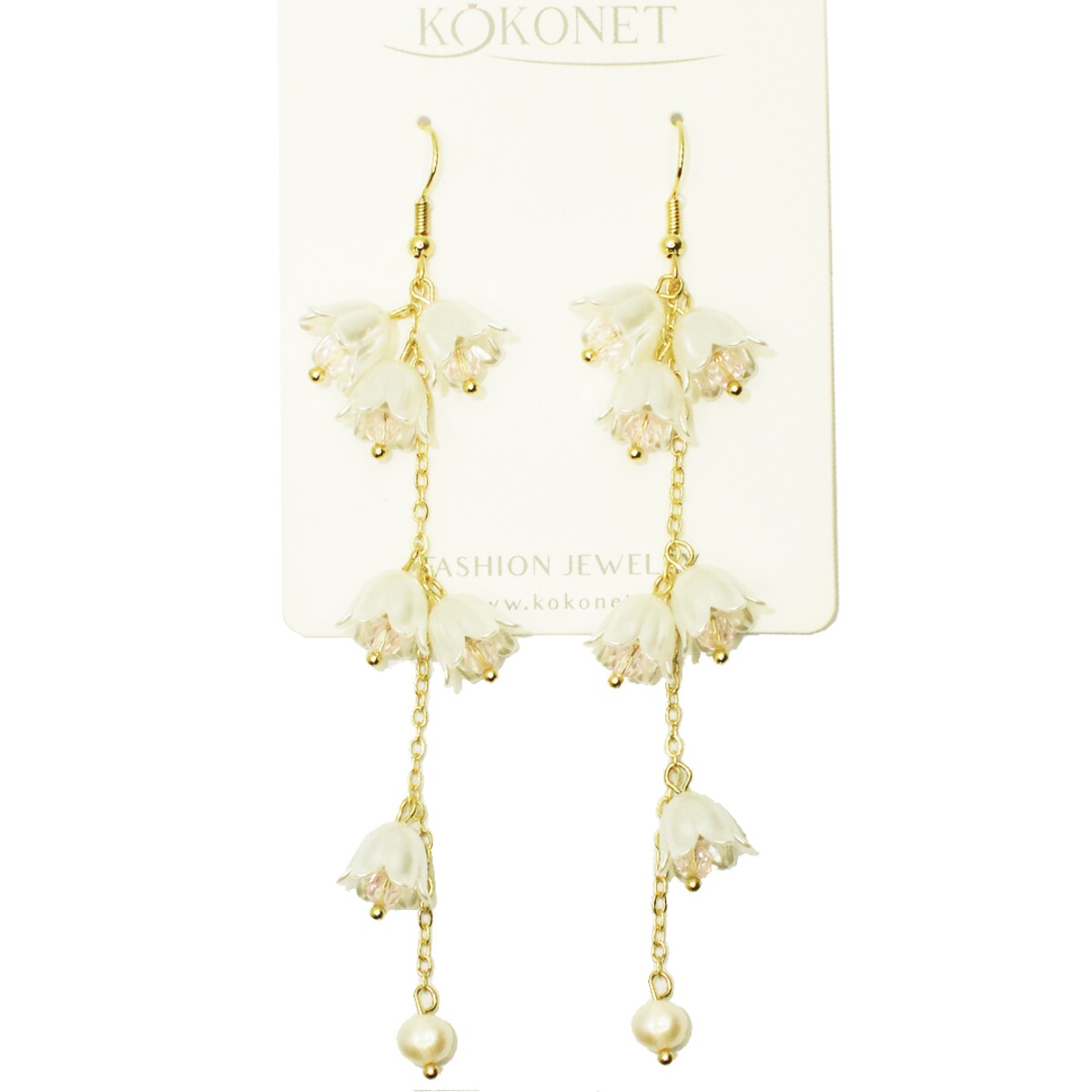 Kolczyki białe złote perłowe kwiatuszki wiszące