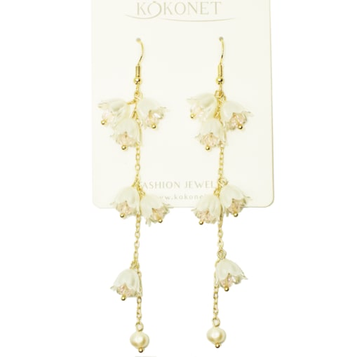 Kolczyki białe złote perłowe kwiatuszki wiszące