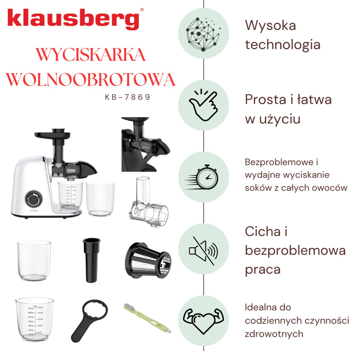 Sokowirówka wolnoobrotowa 150W do owoców i warzyw COLD PRESS KLAUSBERG KB-7869
