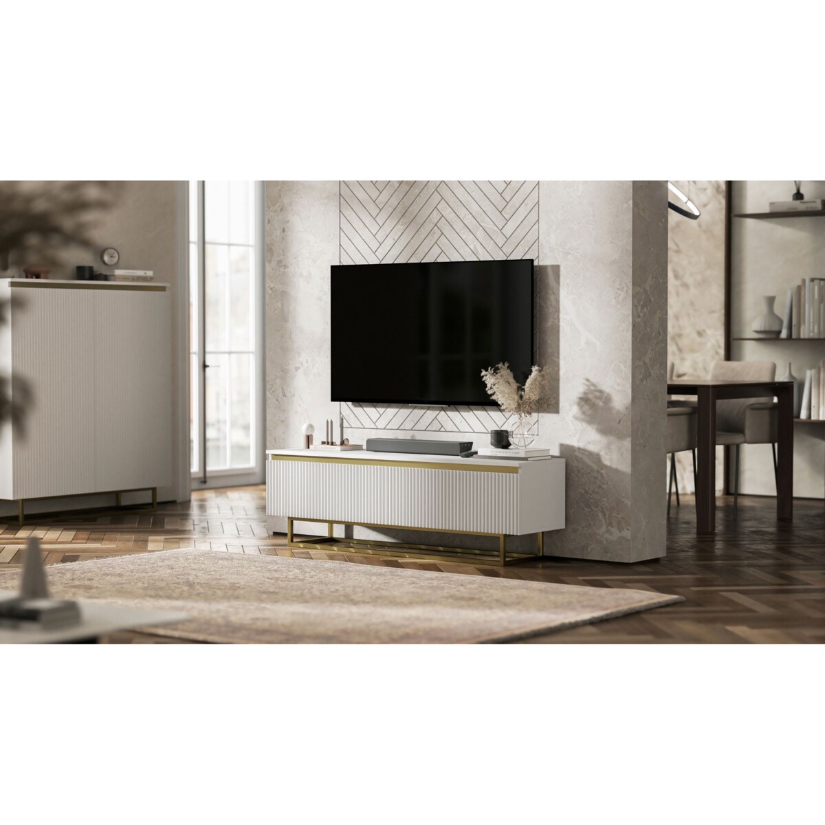 Nowoczesna Szafka RTV Glamour Komoda RTV Biały Mat 140 cm złote akcenty