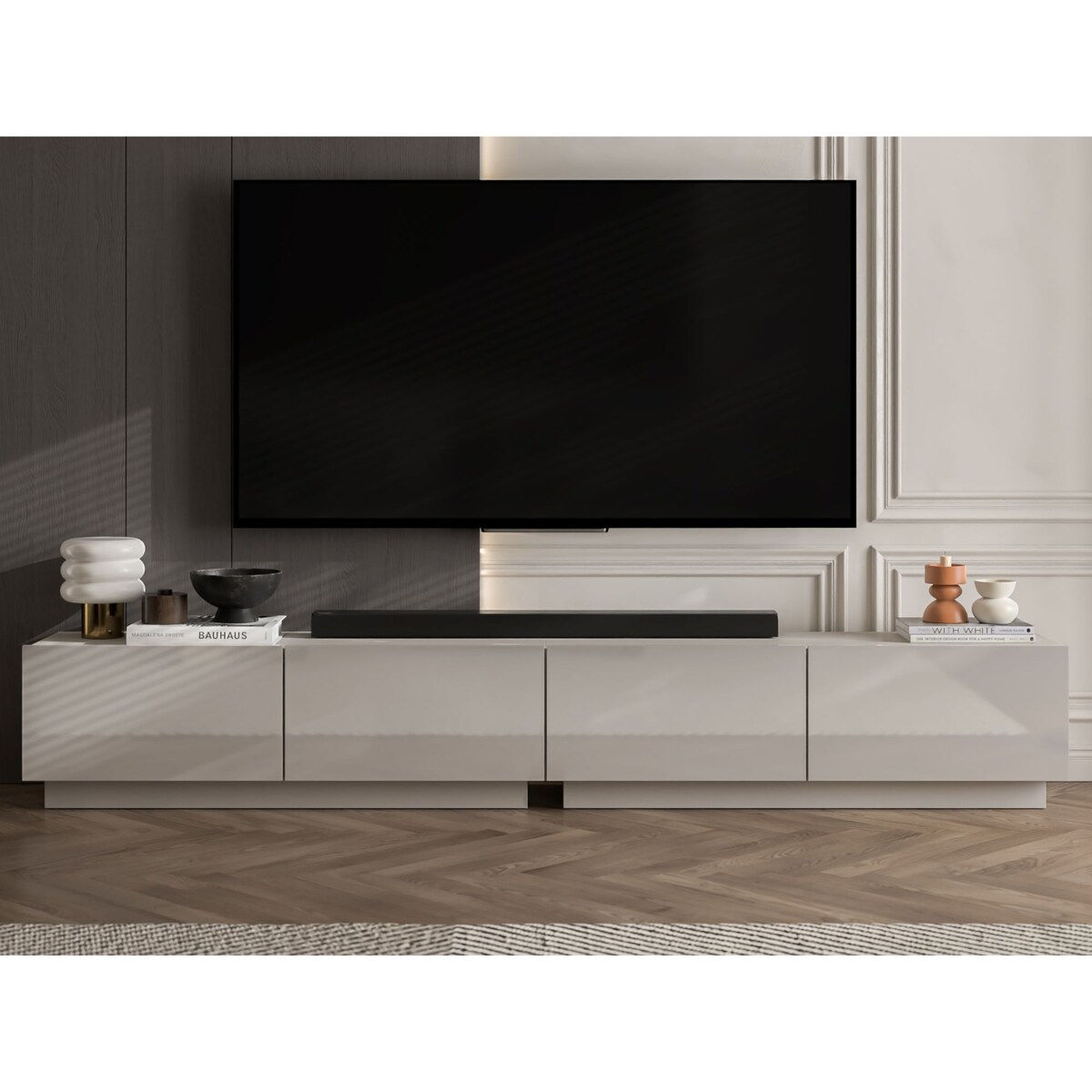 Szafka RTV Glamour Stojąca / Wisząca Komoda RTV Fronty Kaszmir połysk 240 cm