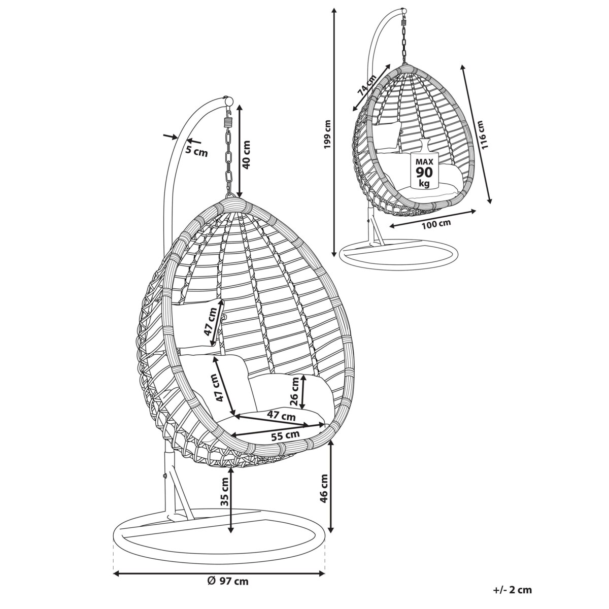 Fotel wiszący ze stojakiem TOLLO Technorattan Szary