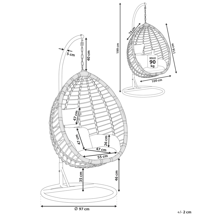 Fotel wiszący ze stojakiem TOLLO Technorattan Szary