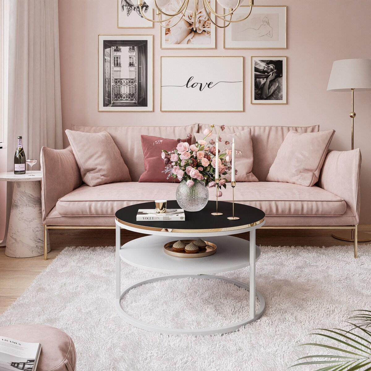 Stolik kawowy COREIL z półką biały czarny mat