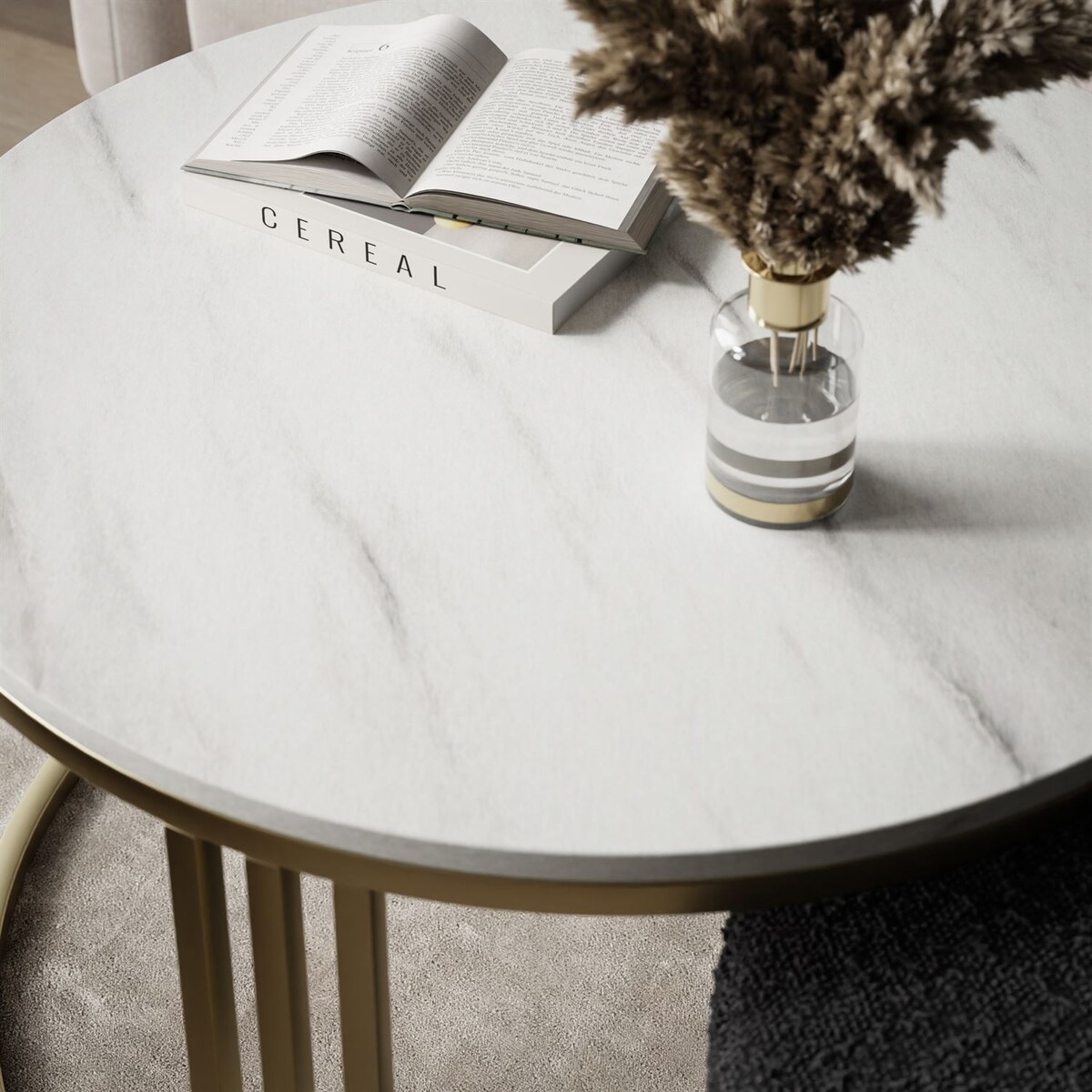 Stolik kawowy z pufą LORI MAT złoto szczotkowane, Marmur Levanto / Coral 60