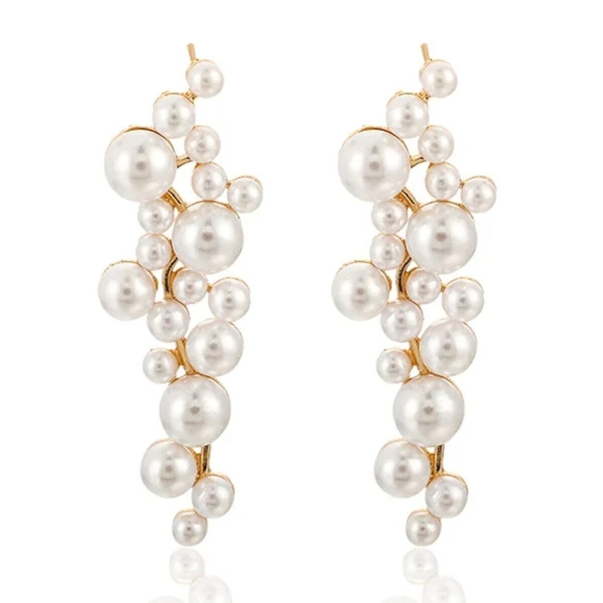 Kolczyki białe perły złote gronka eleganckie wiszące